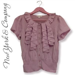 New York and Company Knit Button Down Pink Ruffle Blouse Short sleeves C…